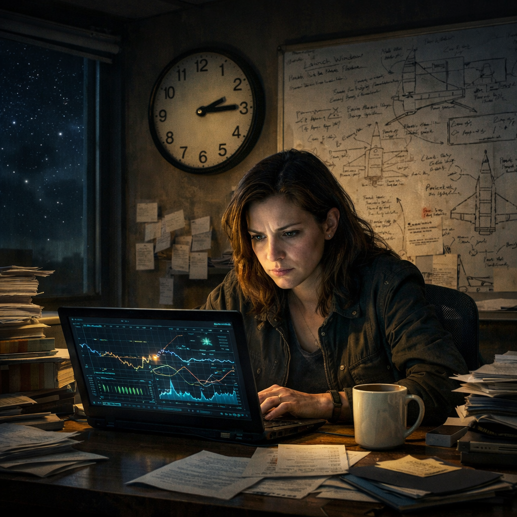 21 and 300175 In a dimly lit office a weary woman named Sarah Thompson sits at a cluttered desk her tired eyes illuminated by the soft glow of her lap-1