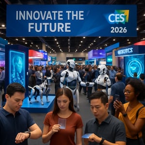 Generate an image that can be posted on all sociel media with the correct ratios The image showcases a bustling exhibition hall at CES 2026 filled wit
