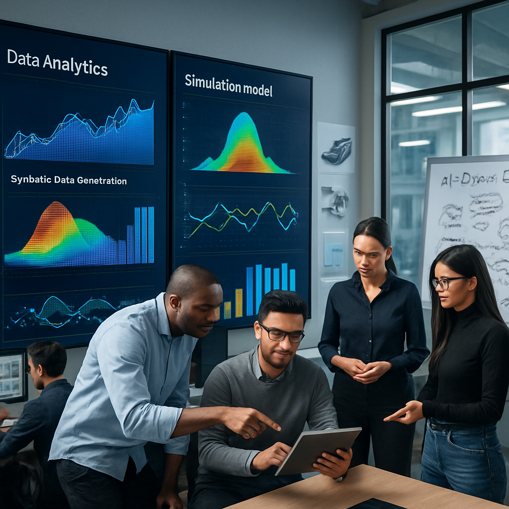 The image features a sleek modern office space bustling with engineers and data scientists collaborating over advanced technology Large screens displa-1